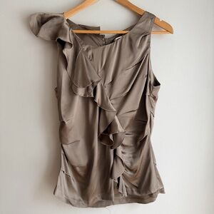 J.Crew 100% Silk Ruffle Asymmetric Sleeveless Blouse in Taupe Brown